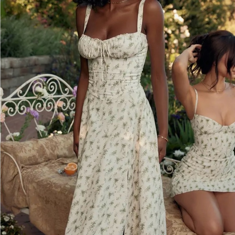 House of CB Floral Midi Dress in Cream and Green